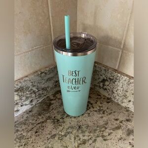Travel cup “Best Teacher Ever” aqua w/silver lettering & plastic flexible straw